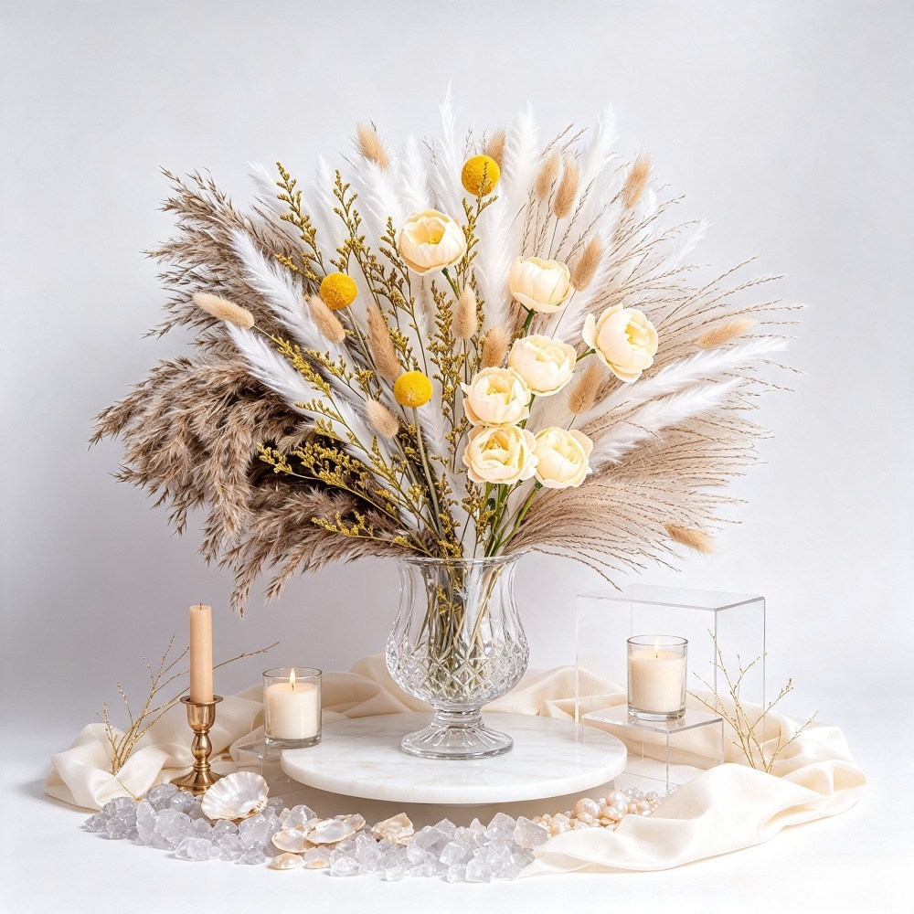 Flower Girl Basket - Mixed Dried Flower Bouquet, Pampas Grass,